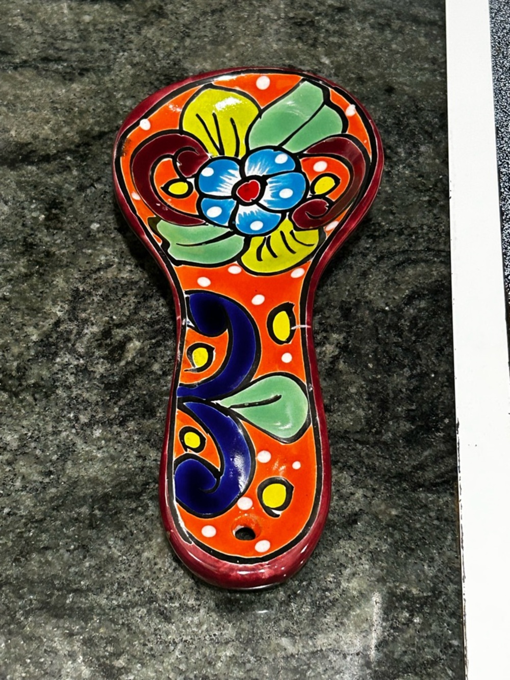 Handpainted Talavera Ceramic Spoon Rest - Bright Orange Floral